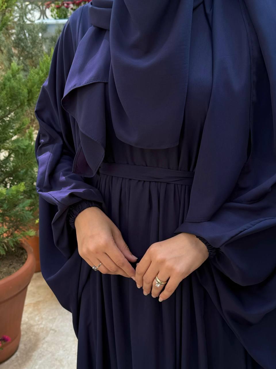 Kuşaklı Peçeli Ve  Şallı Elbise Lacivert 