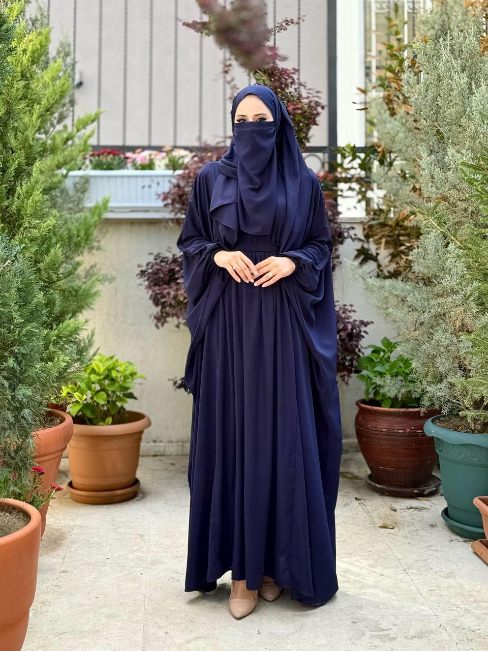 Kuşaklı Peçeli Ve  Şallı Elbise Lacivert 