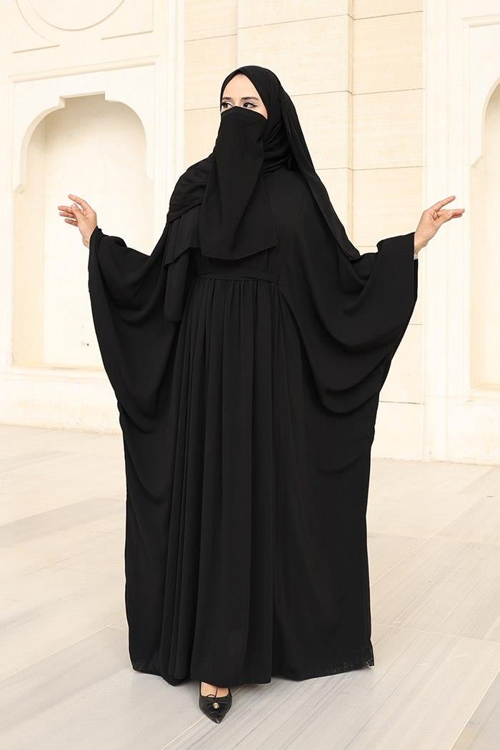 Kuşaklı Peçeli Ve  Şallı Elbise Siyah