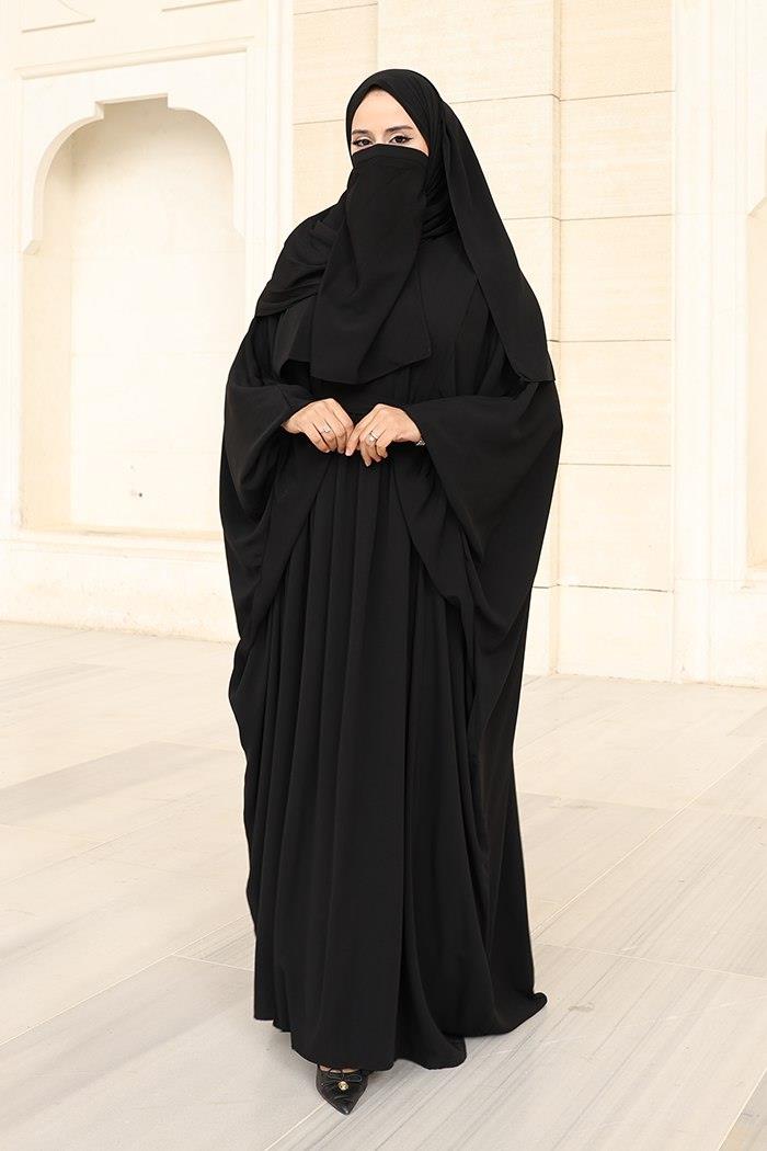 Kuşaklı Peçeli Ve  Şallı Elbise Siyah