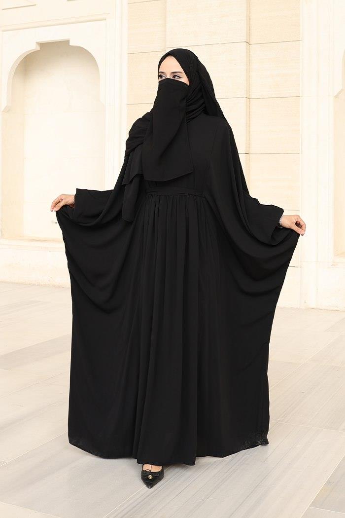 Kuşaklı Peçeli Ve  Şallı Elbise Siyah