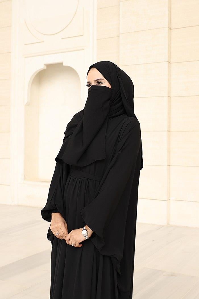 Kuşaklı Peçeli Ve  Şallı Elbise Siyah