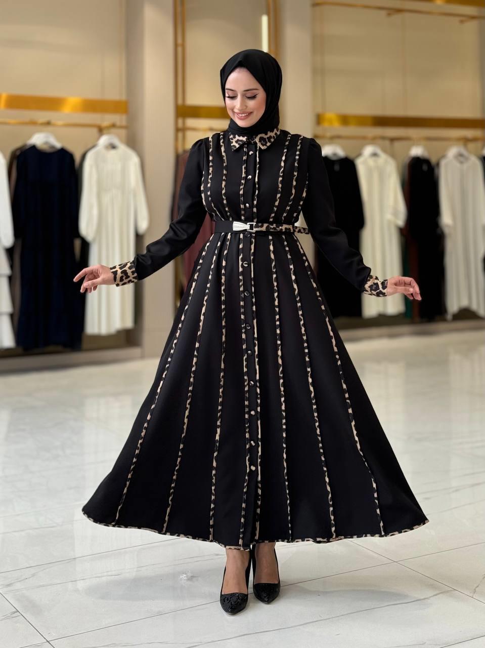 Leopar Detaylı Kemerli Elbise Siyah