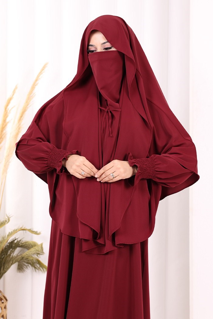 Peçeli Cilbab Elbise Bordo