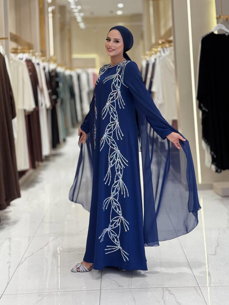 Pelerin Detaylı Taşlı Abiye Elbise Lacivert 