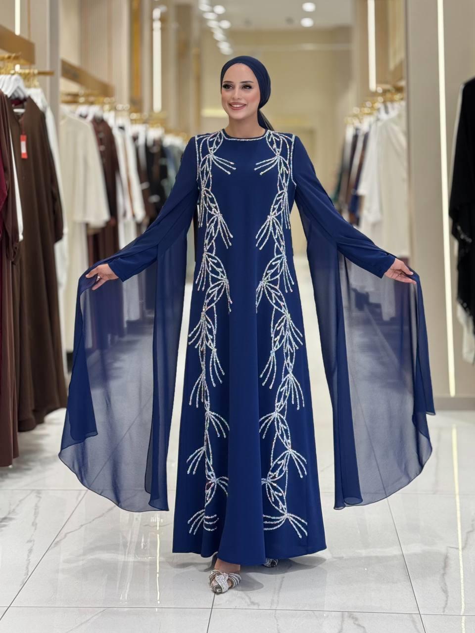 Pelerin Detaylı Taşlı Abiye Elbise Lacivert 