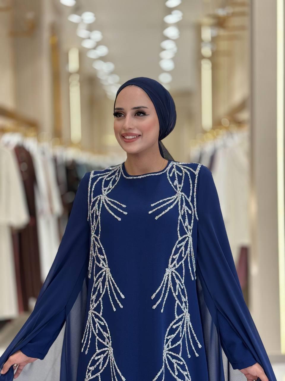 Pelerin Detaylı Taşlı Abiye Elbise Lacivert 