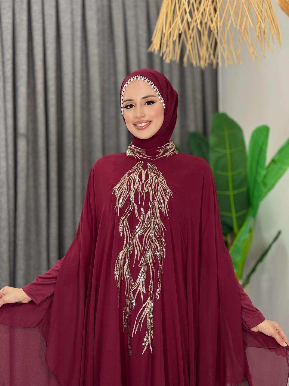 Pelerinli Abiye Elbise Bordo