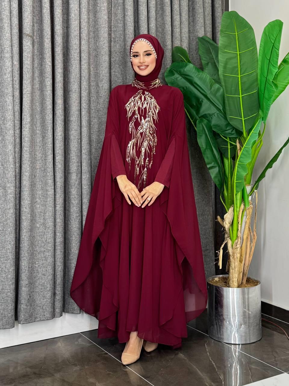Pelerinli Abiye Elbise Bordo
