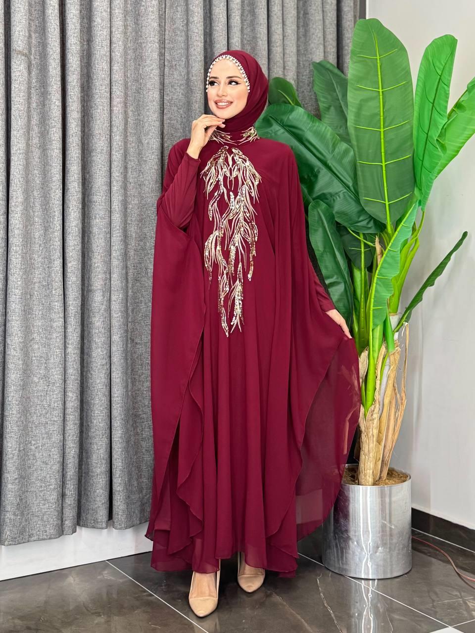 Pelerinli Abiye Elbise Bordo