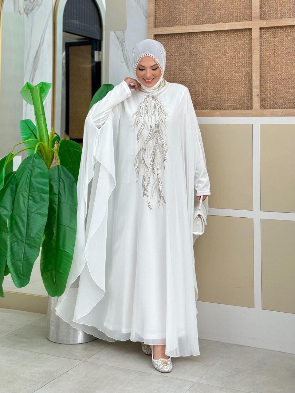 Pelerinli Abiye Elbise Ekru