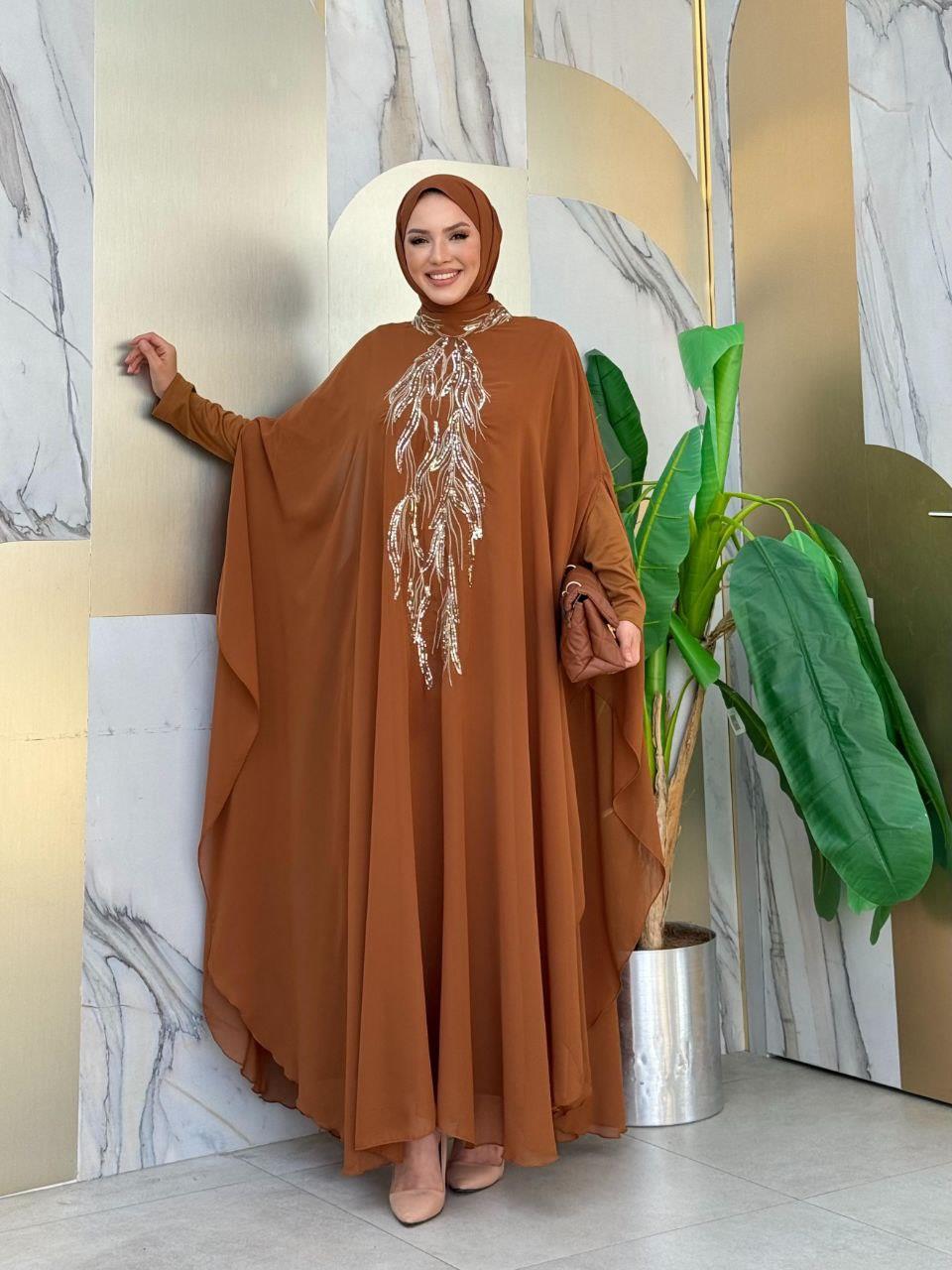 Pelerinli Abiye Elbise Taba