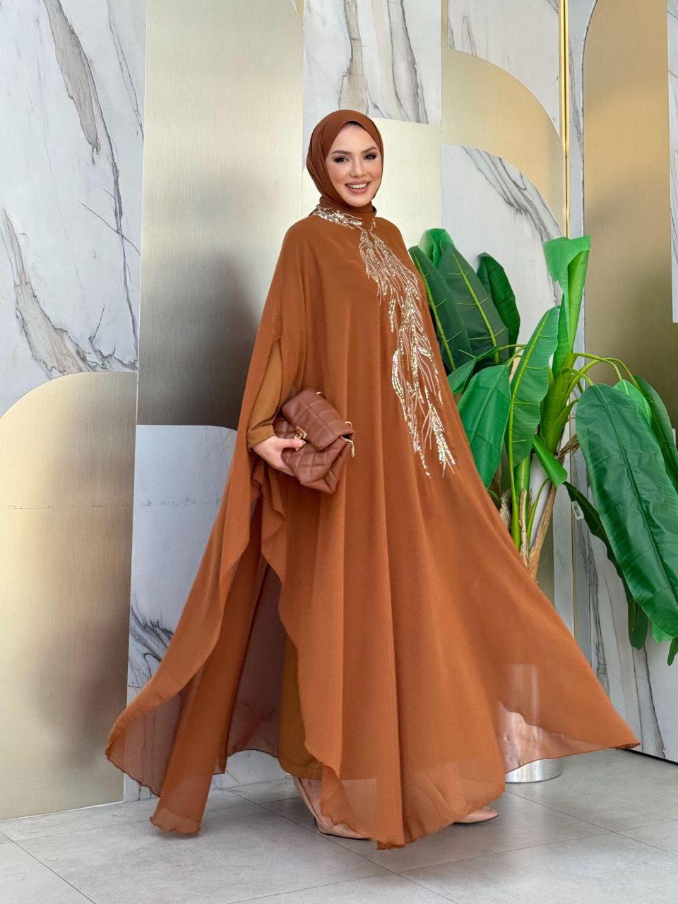 Pelerinli Abiye Elbise Taba