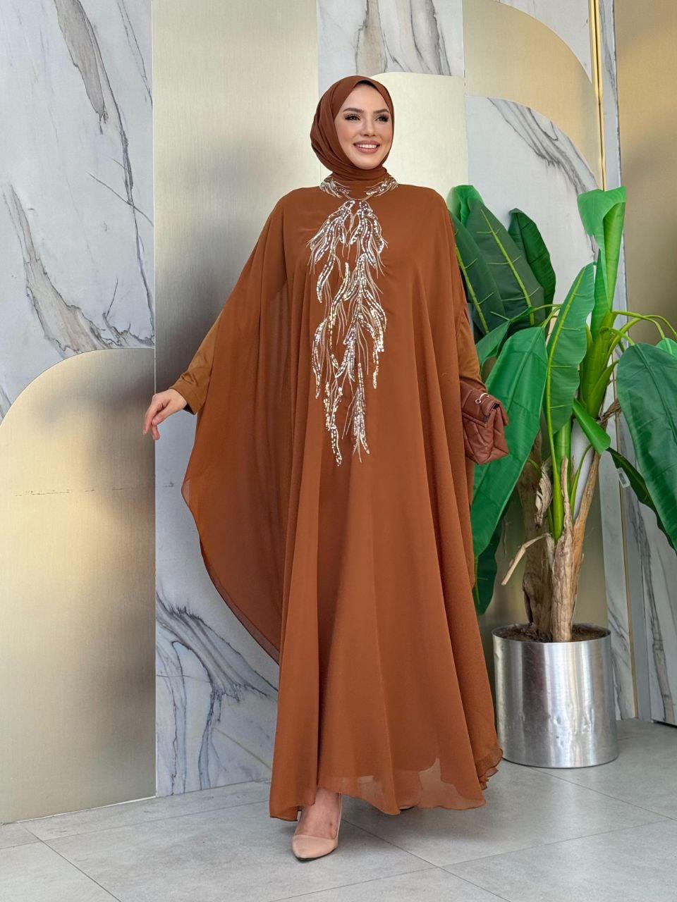 Pelerinli Abiye Elbise Taba