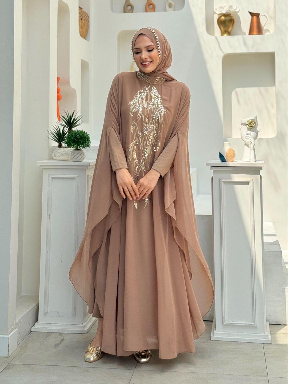 Pelerinli Abiye Elbise Vizon