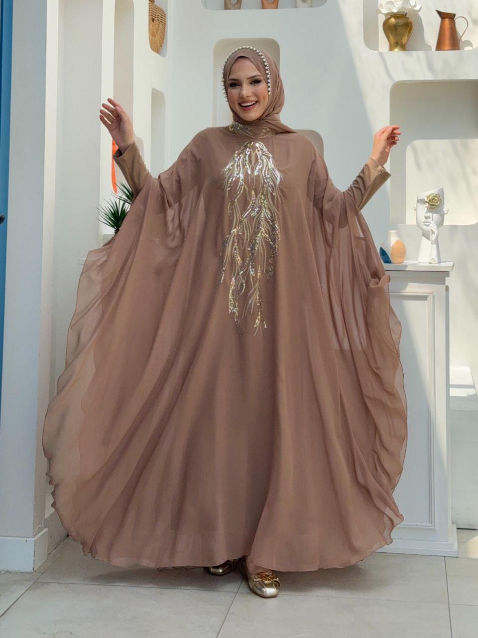 Pelerinli Abiye Elbise Vizon