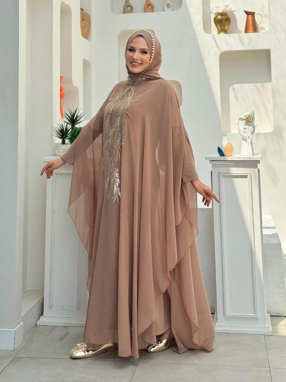 Pelerinli Abiye Elbise Vizon