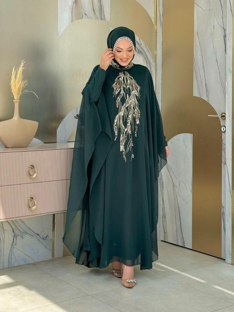 Pelerinli Abiye Elbise Zümrüt 
