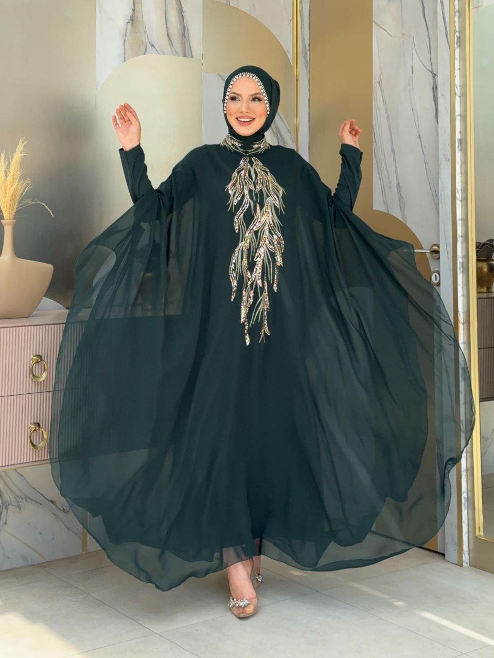 Pelerinli Abiye Elbise Zümrüt 