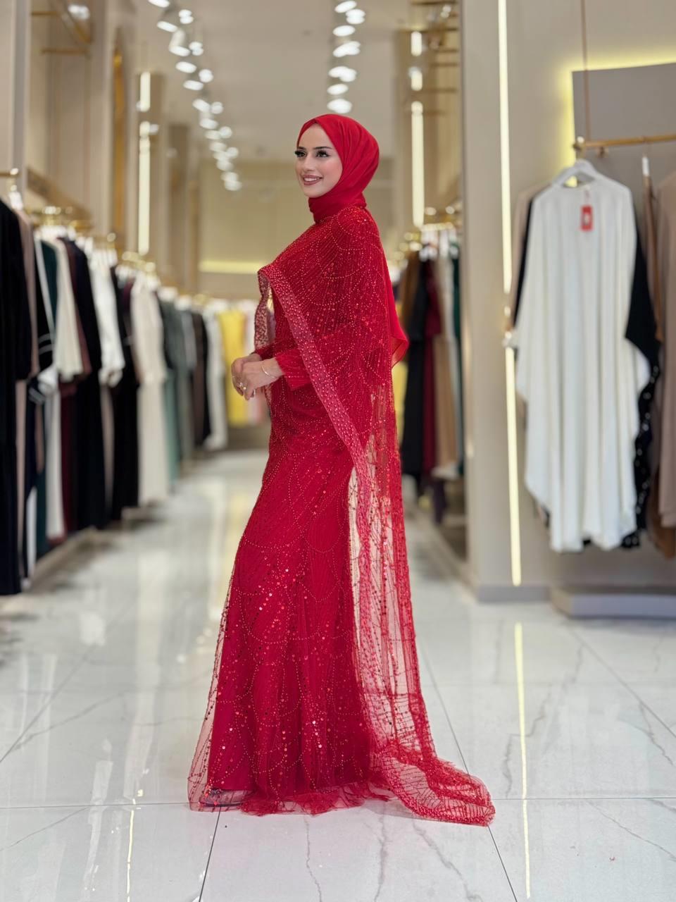 Pelerinli Abiye Kırmızı