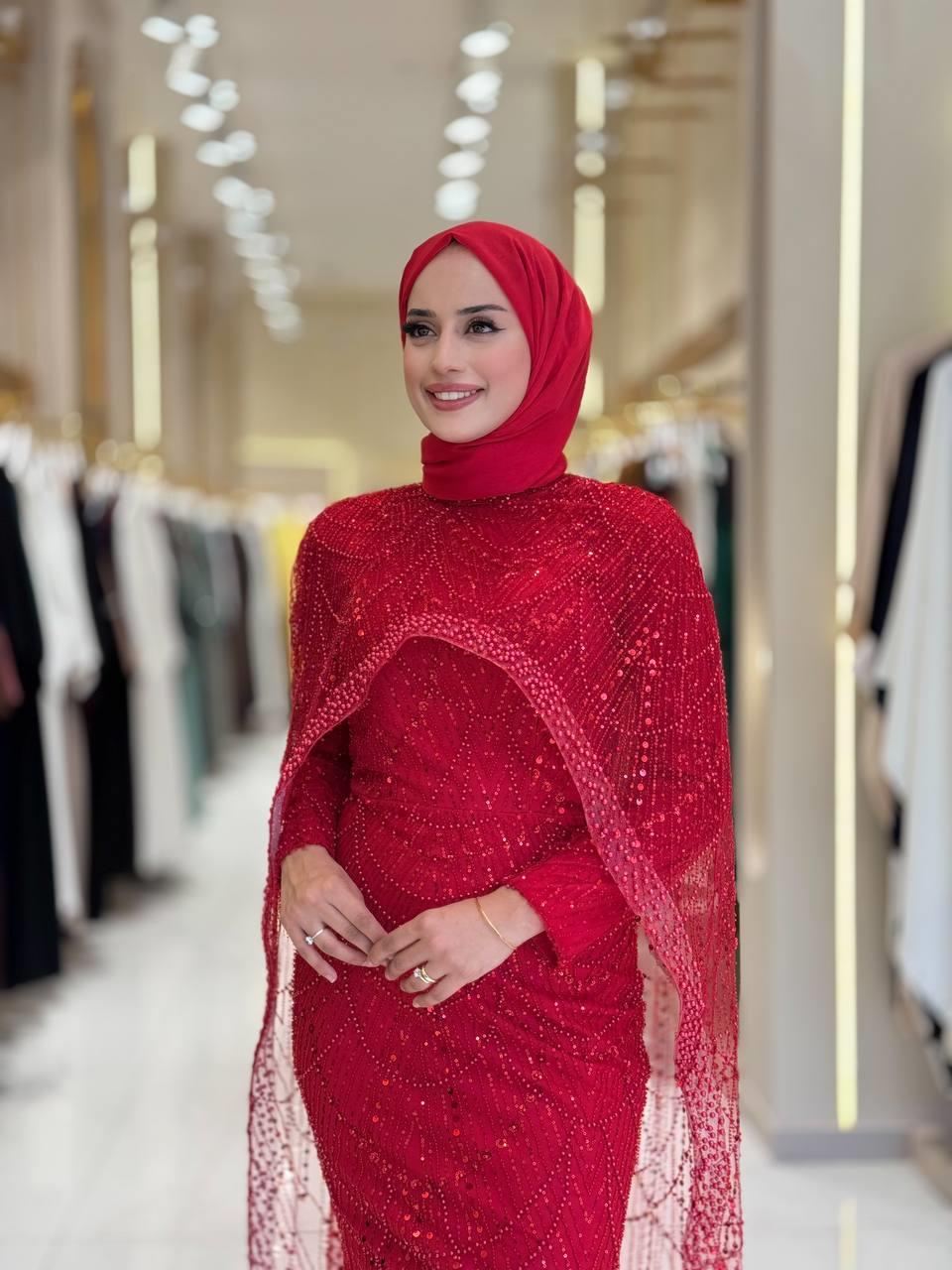 Pelerinli Abiye Kırmızı