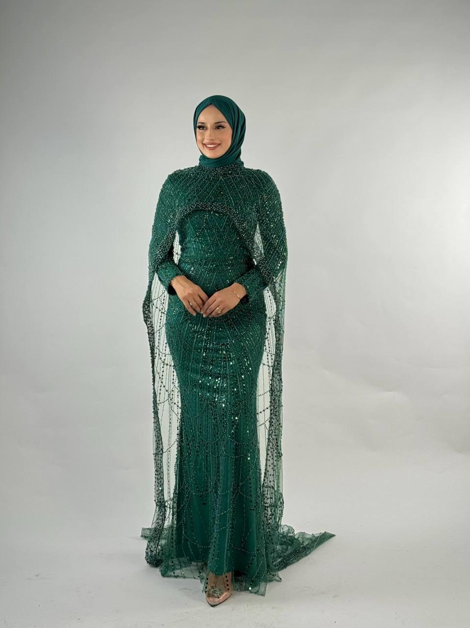 Pelerinli Abiye Zümrüt