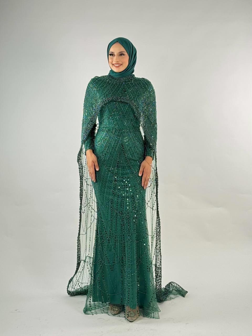 Pelerinli Abiye Zümrüt