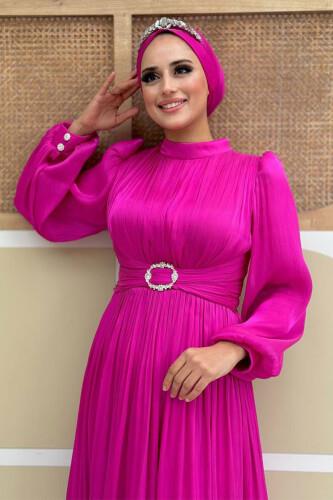 Pileli Abiye Elbise Fuşya