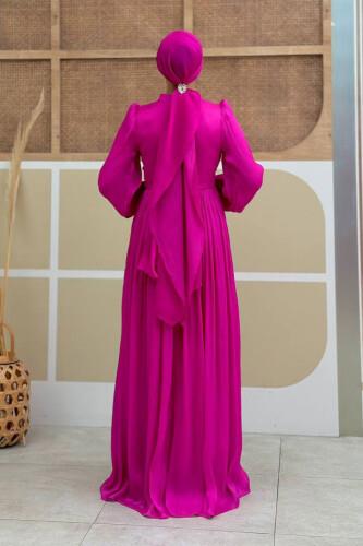 Pileli Abiye Elbise Fuşya