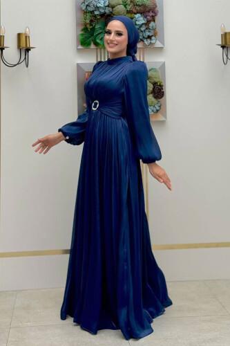 Pileli Abiye Elbise Lacivert