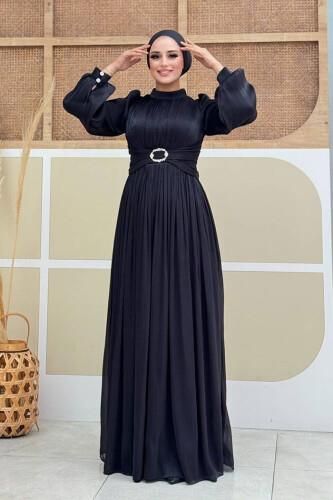 Pileli Abiye Elbise Siyah