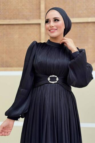 Pileli Abiye Elbise Siyah