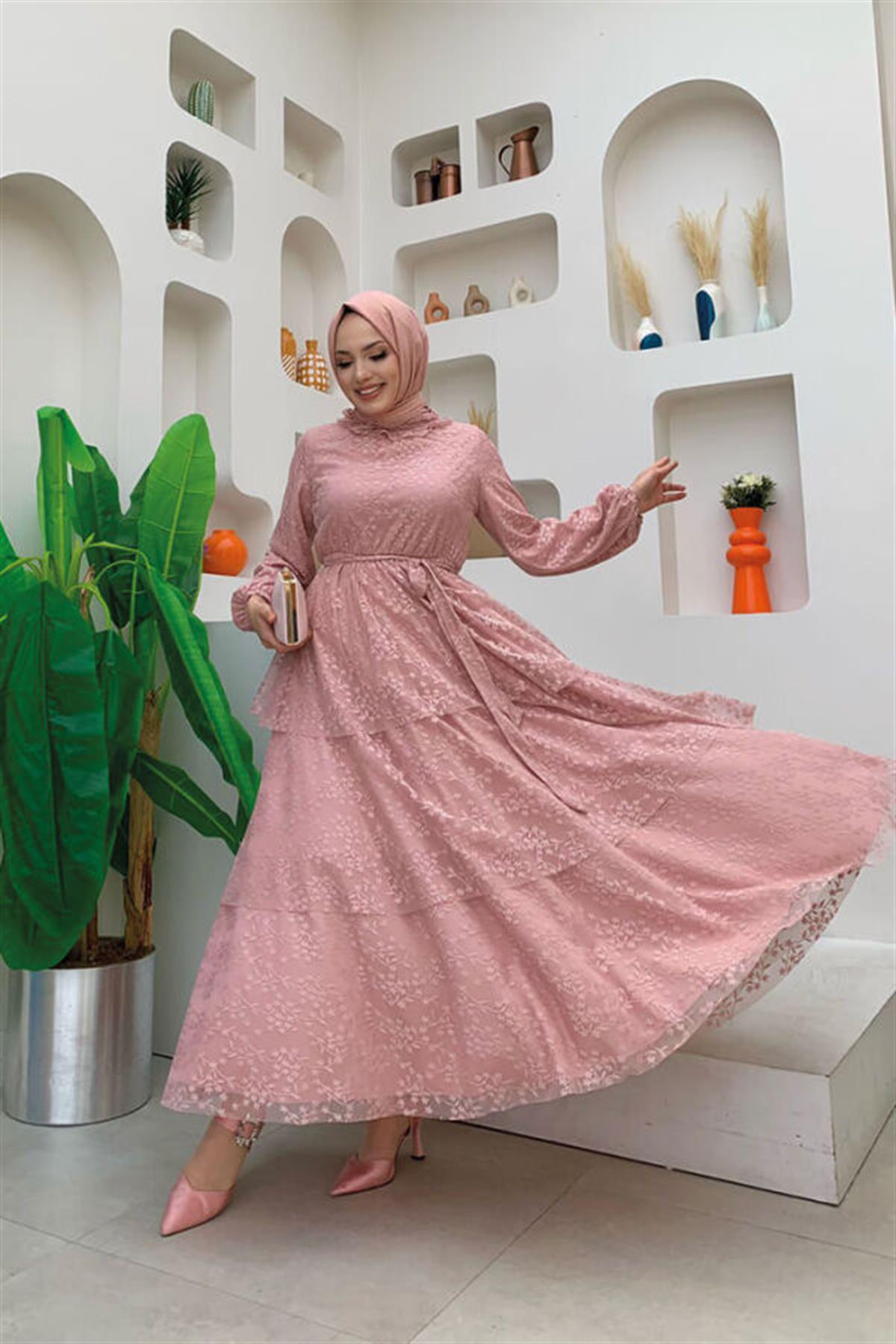 Pudra Dantel Kat Elbise 