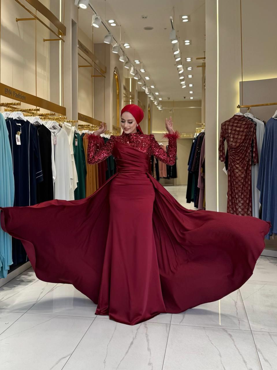 Pul Payet Saten Abiye Bordo 