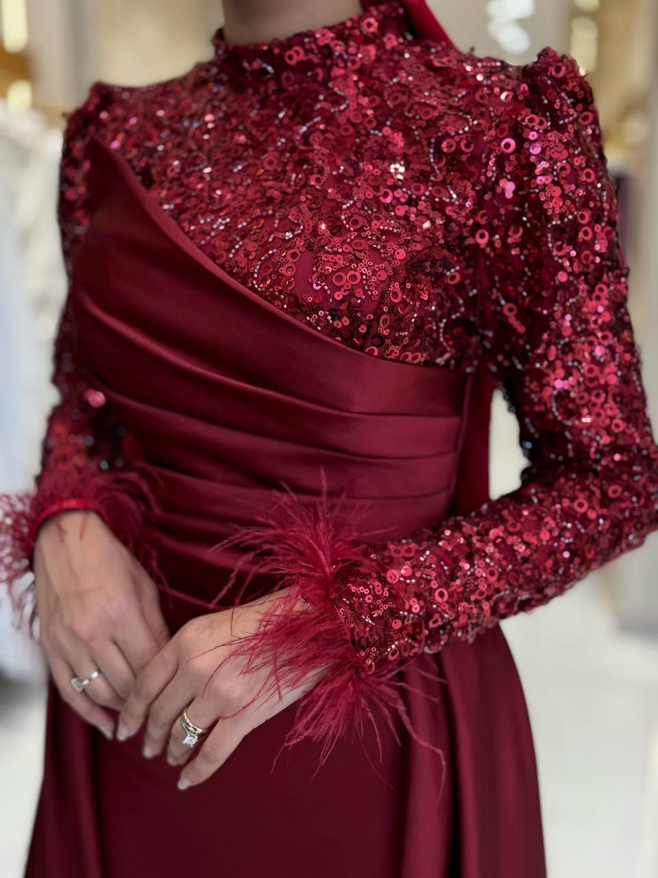 Pul Payet Saten Abiye Bordo 