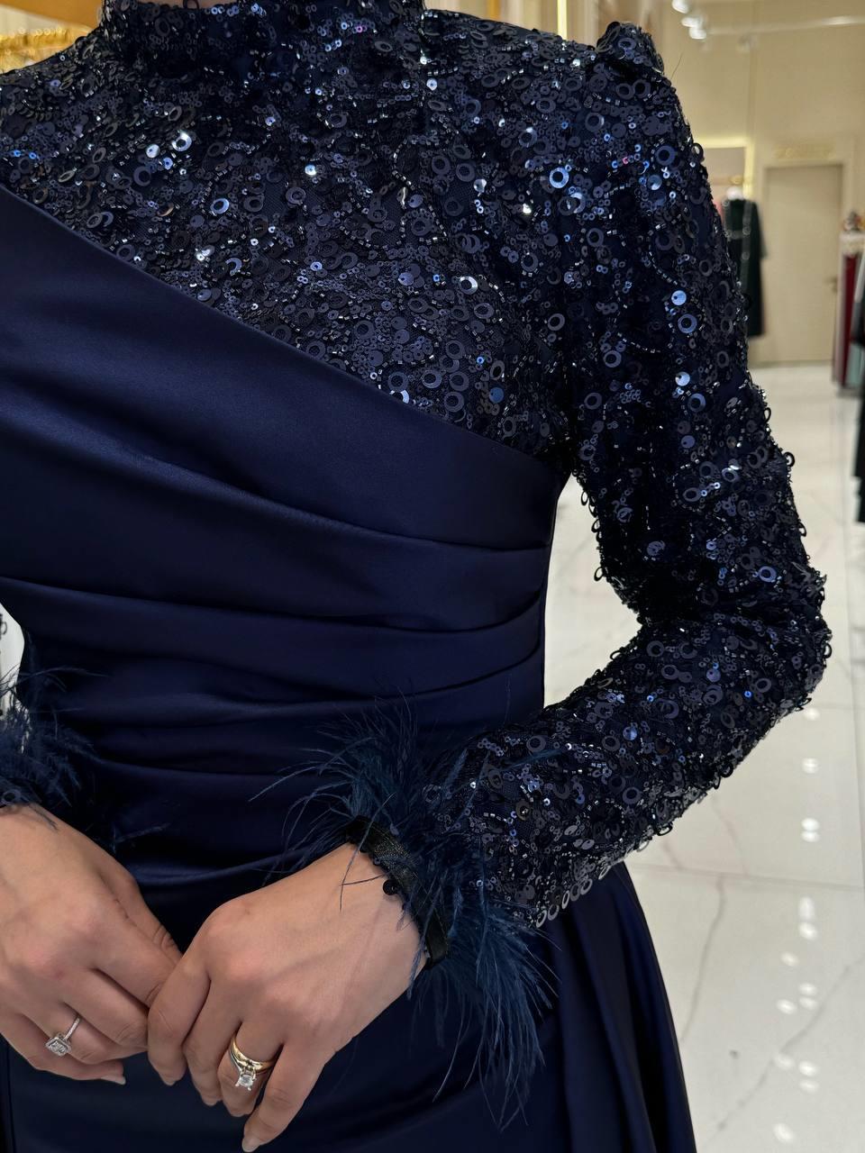 Pul Payet Saten Abiye Lacivert 