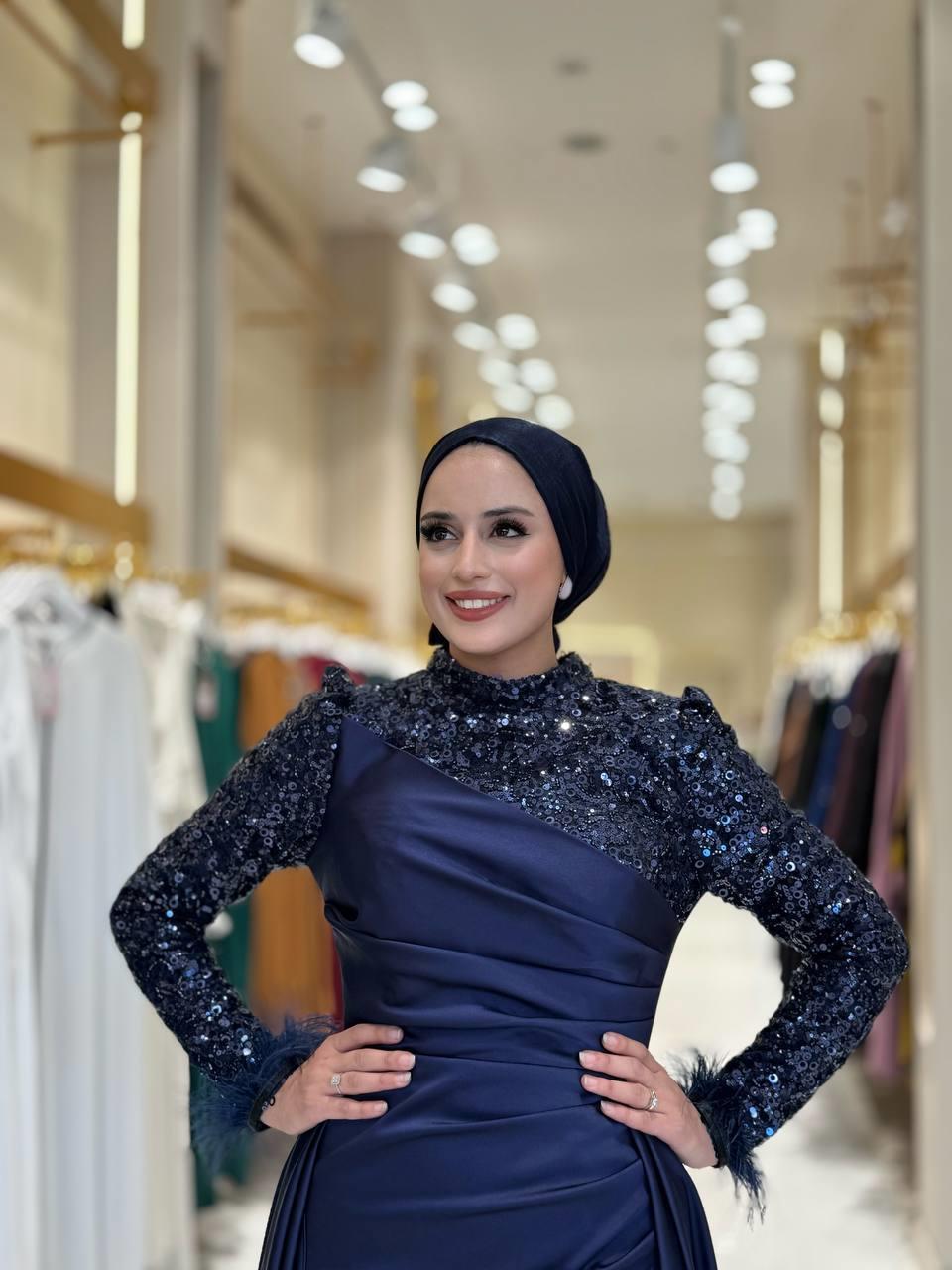 Pul Payet Saten Abiye Lacivert 