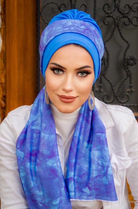 Saks Mavi Çizgili Fularlı Bone