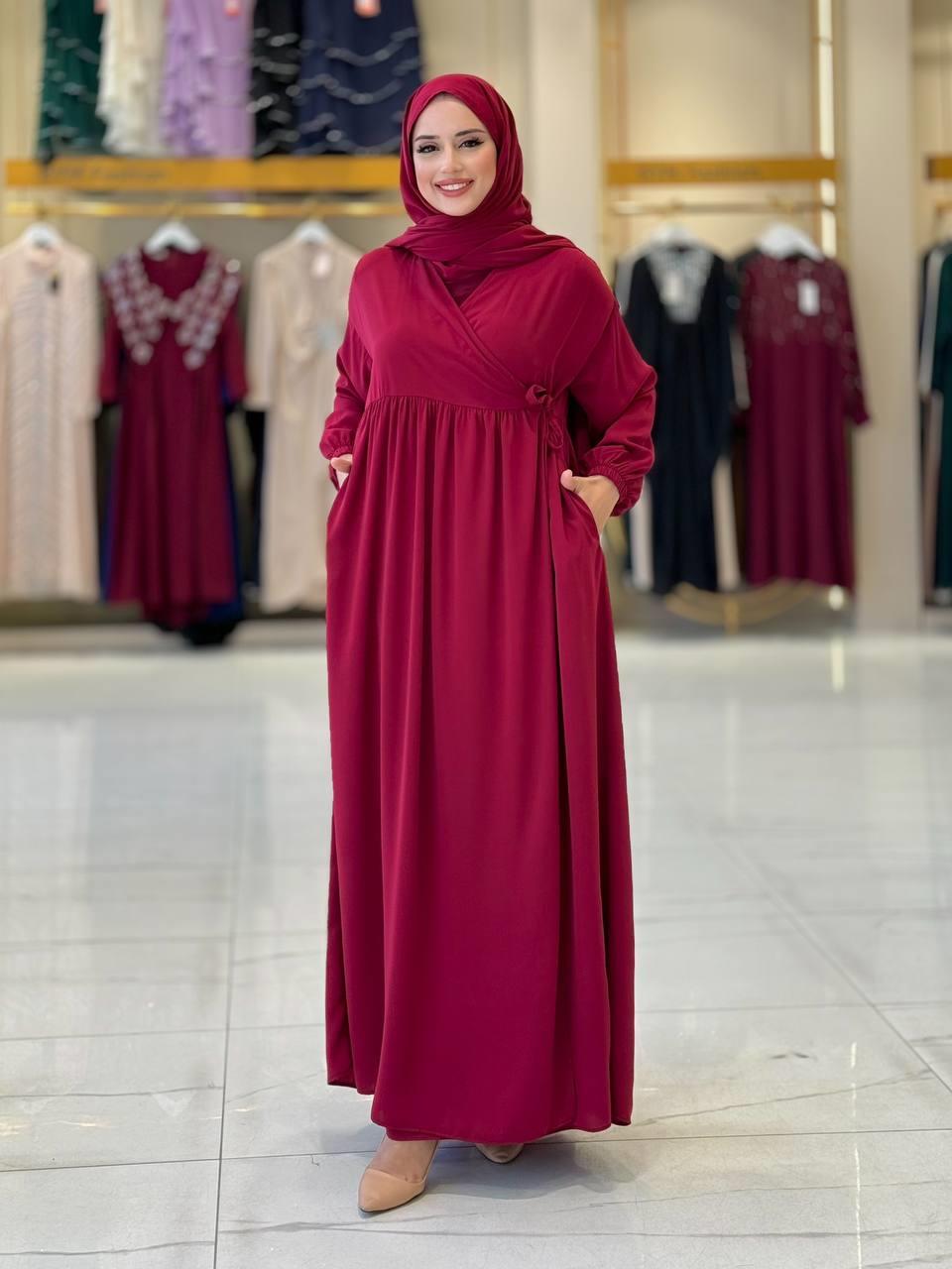 Şallı Kruvaze Namaz Elbisesi Bordo 