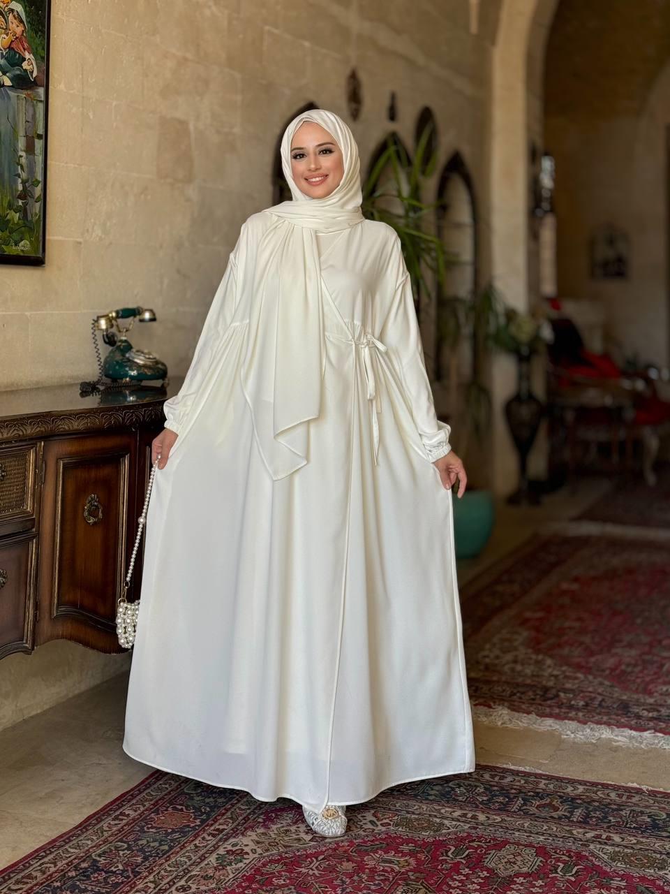 Şallı Kruvaze Namaz Elbisesi Ekru