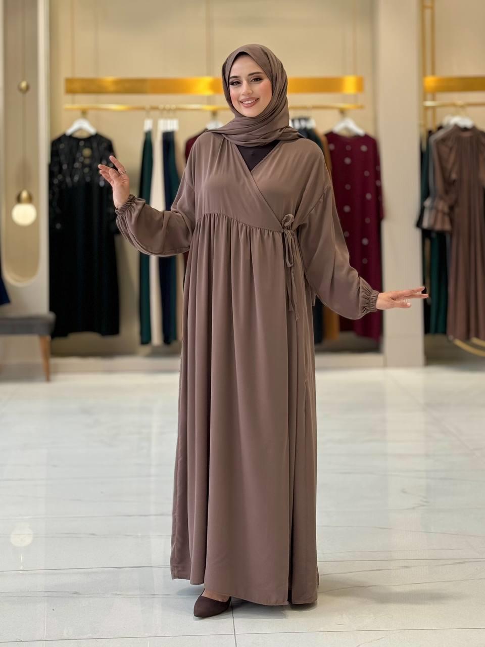 Şallı Kruvaze Namaz Elbisesi Vizon