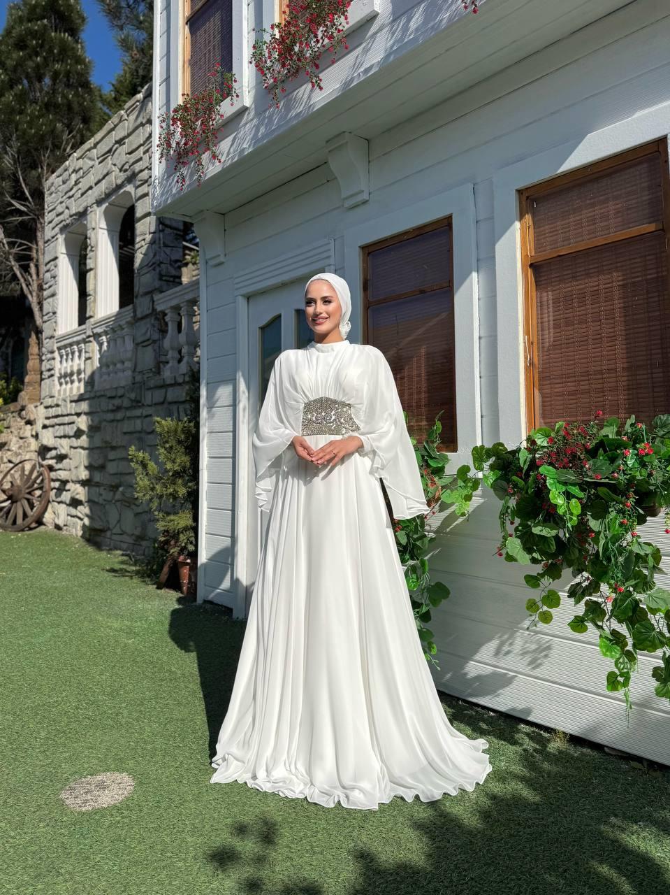 Şifon Abiye Elbise Beyaz