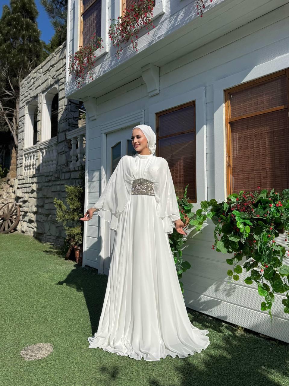 Şifon Abiye Elbise Beyaz