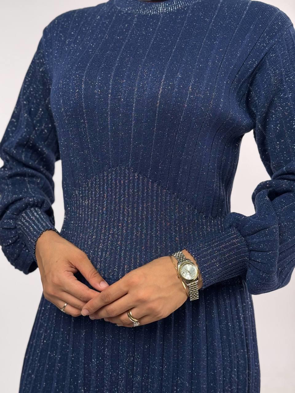 Simli Triko Elbise Lacivert 