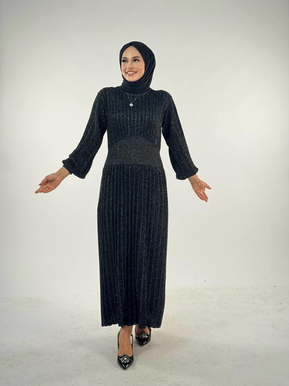 Simli Triko Elbise Siyah