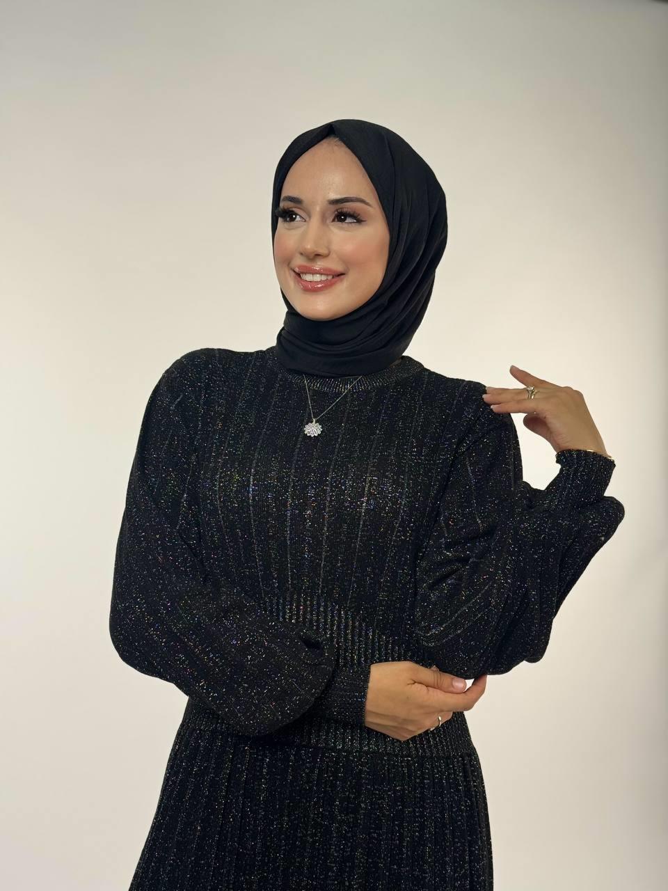 Simli Triko Elbise Siyah