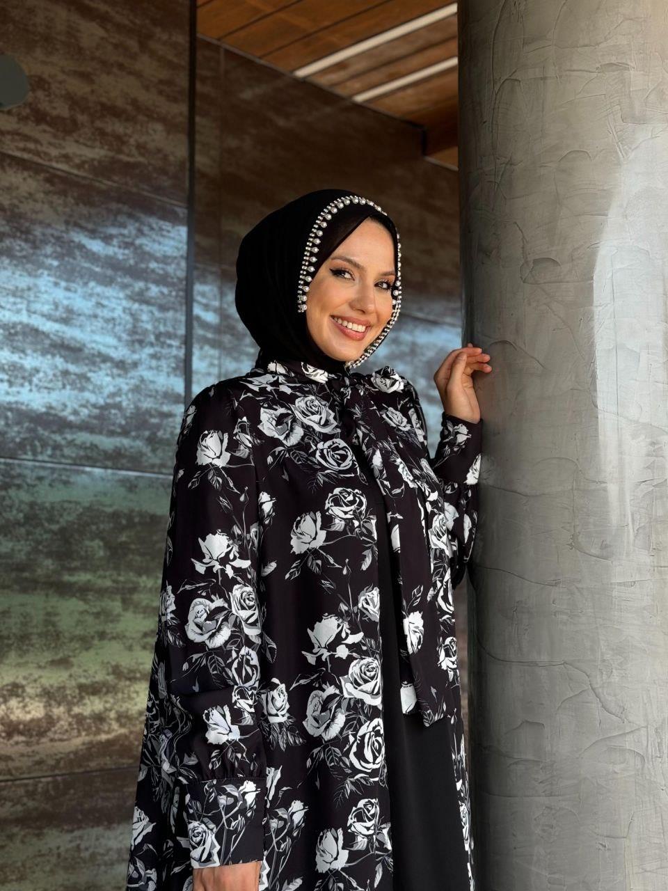 Siyah Boyundan Bağcıklı Abaya ElbiseTakim