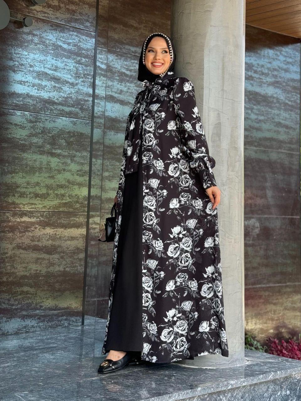 Siyah Boyundan Bağcıklı Abaya ElbiseTakim