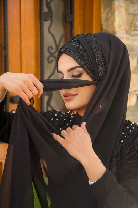 Siyah Drapeli Hazır Abiye Şal