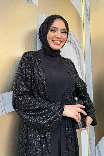 Siyah Payetli Abaya Ve İç ElbiseTakim